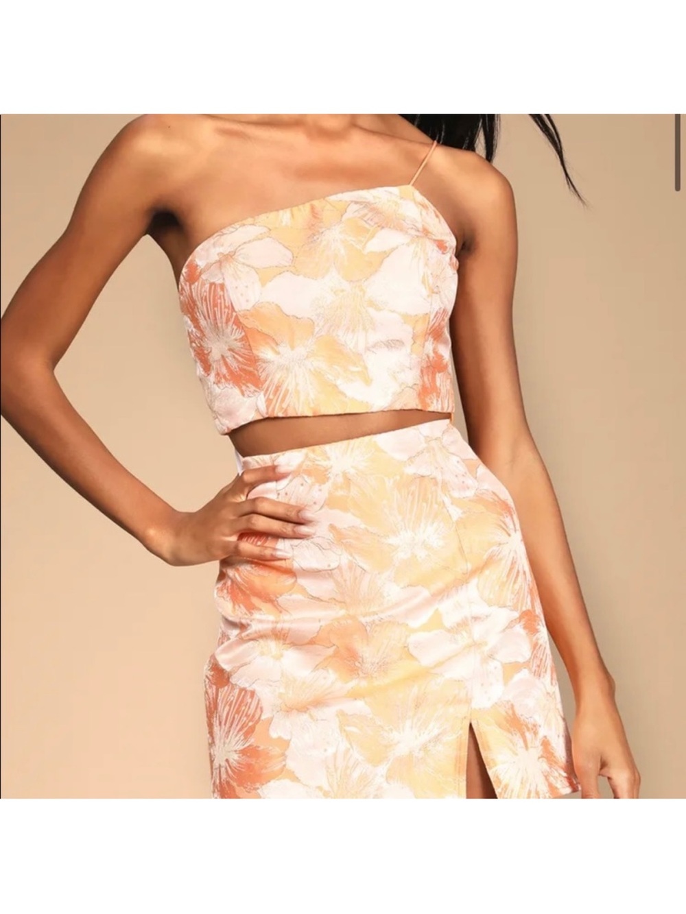 Lulu's Peach Floral One-Shoulder Skirt Set